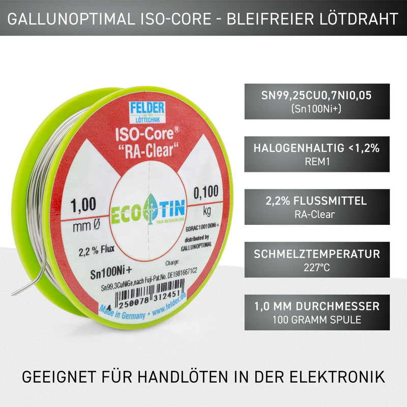 GALLUNOPTIMAL by FELDER Soldering Wire Sn100Ni+ for Stronger Oxidized Soldering Points | 1.0 mm | 100 g Spool | Lead-Free with 2.2% Flux RA-Clear | REM1 | for Electronics, Cables and Electrical 100g Spule / 1,0mm Durchmesser