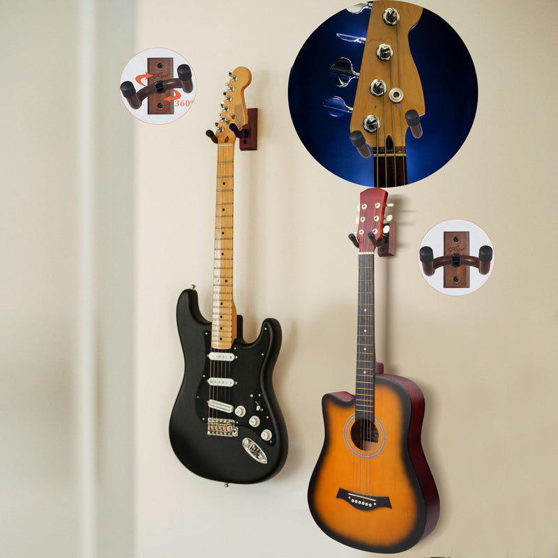 SNIGJAT Guitar Hanger 4 Pack, Hardwood Guitar Wall Mount, Rotatable Guitar Wall Hanger with Screws, V-Shaped Wall Hook Holder Stand for Acoustic Electric Guitar, Bass, Banjo, Mandolin Brown