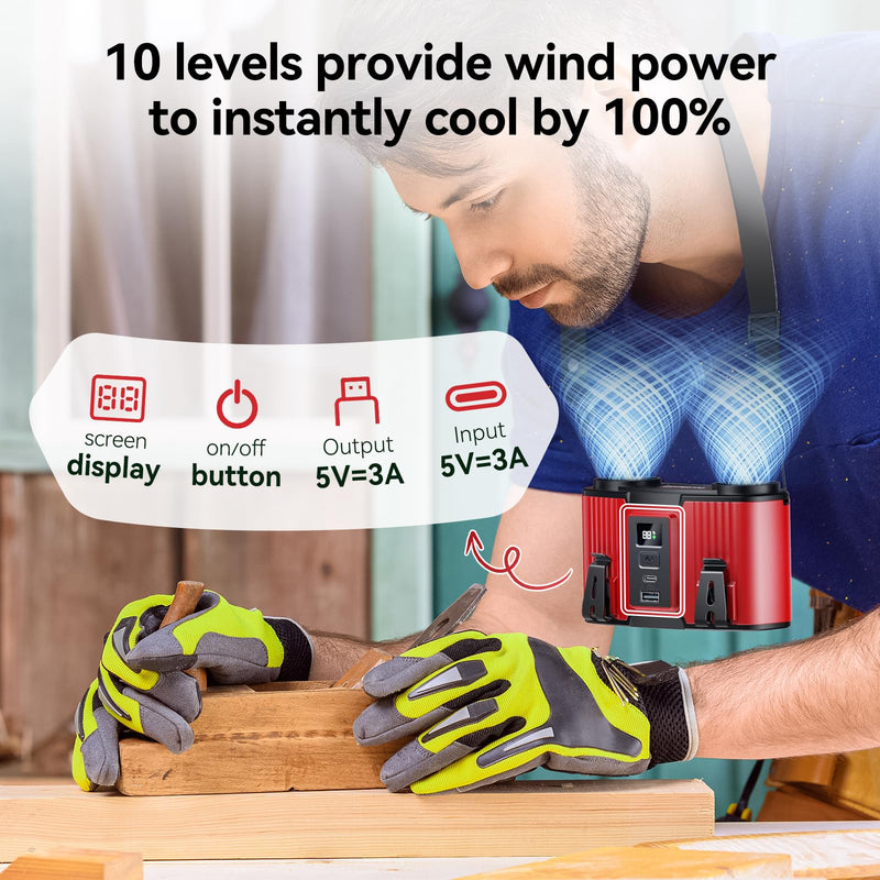 Doublepow 12000mAh Portable Waist Fan, Personal Waist Fan, Dual Air Ducts Motors, USB Rechargeable Clip On Belt for Working, 10 Speeds & 23H Wearable Neck Cooling, for Outdoor, Work, Travel (Red) Red