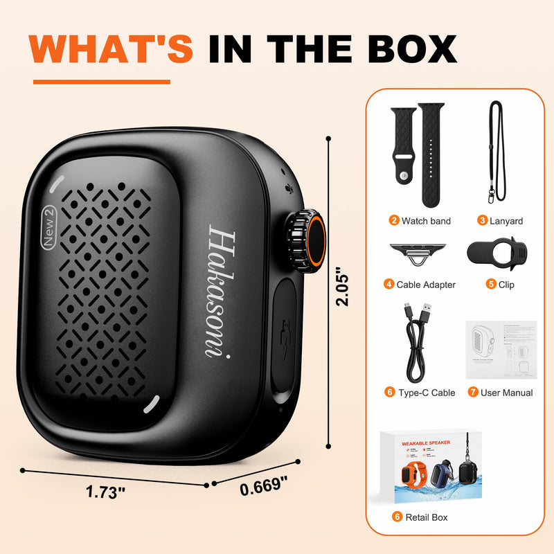 New2 Clip On Speaker, Mini Wearable Sports Speaker, Black | 3 in 1 Clip/Wrist/Neck Lanyard Portable Speaker, IP69K Waterproof, 20H Long Playtime for Shower Workout Camping Cycling