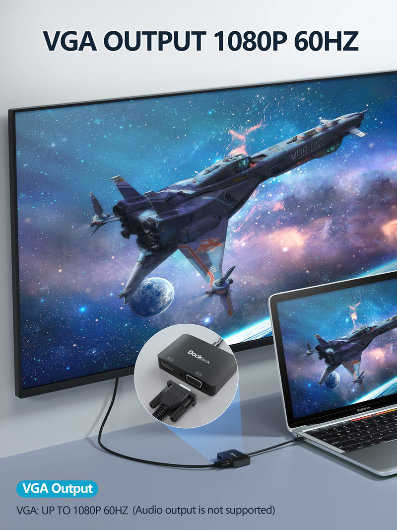 USB C Video Adapter, Type C HDMI VGA Adapter 4K@60Hz, USB C VGA Adapter 1080P, Dockteck USB-C VGA Splitter for MacBook Pro/Air, iPad Pro/Air, Chromebook, Surface Pro/Go, Dell Xps, Pixelbook, Galaxy Black-4K@60Hz