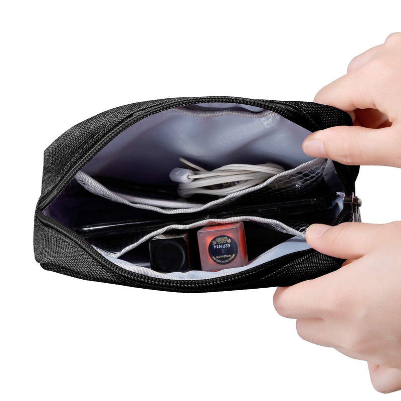 E-Tree 7 inch Canvas Zippered Small Bag, Mini Travel Makeup Carrying Case, Cosmetic Bag, Portable Electronics Accessories Organizer, Tiny Coin Purse Wallet, Little Pouch for Little Items, Black 6" X 1.8" X 4"