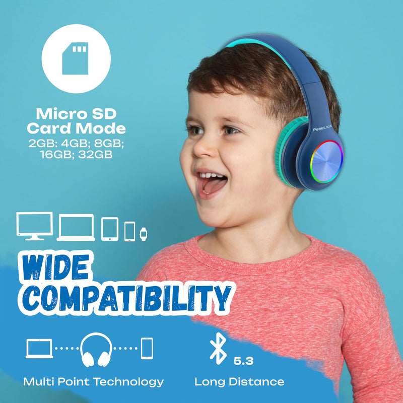 PowerLocus PLED Kids Headphones Wireless, Over Ear Headphones for Kids with 74/85/94dB Safe Volume Limits, Microphone, LED Lights