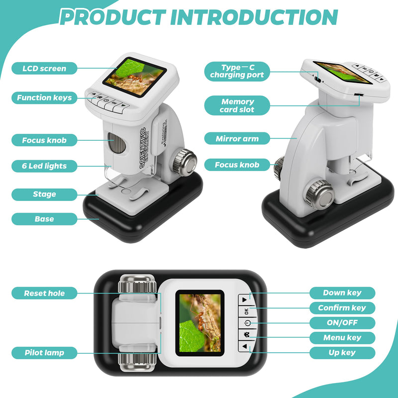 Rechargeable Digital Microscope for Kids 1200X - 2'' LCD Screen STEM Toy with 32G SD Card for Photo/Video, Portable Pocket Microscope for Boys Girls Ages 6,7,8-12, Science Kit Gift Birthday Christmas