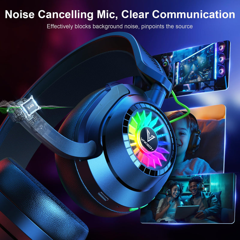 [AUSTRALIA] - Vakedy HW10 Wireless Gaming Headset for PS5, PS4, PC, Switch, Mac, 2.4GHz Wireless Gaming Headphone with Flip Noise Canceling Mic, 50H Battery, 50mm Drivers, RGB Lights (Cool Black) Cool Black 