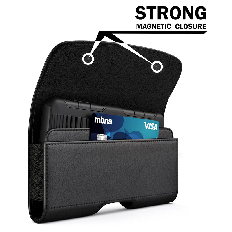 PiTau Holster for iPhone 15 15 Pro 14, 14 Pro, 13 Pro, 13, 12 Pro, 12, iPhone 11, XR - Premium Cell Phone Case with Belt Clip [Magnetic Closure] ID Card Holder Pouch (Fits Otterbox Commuter Case on) Medium Black