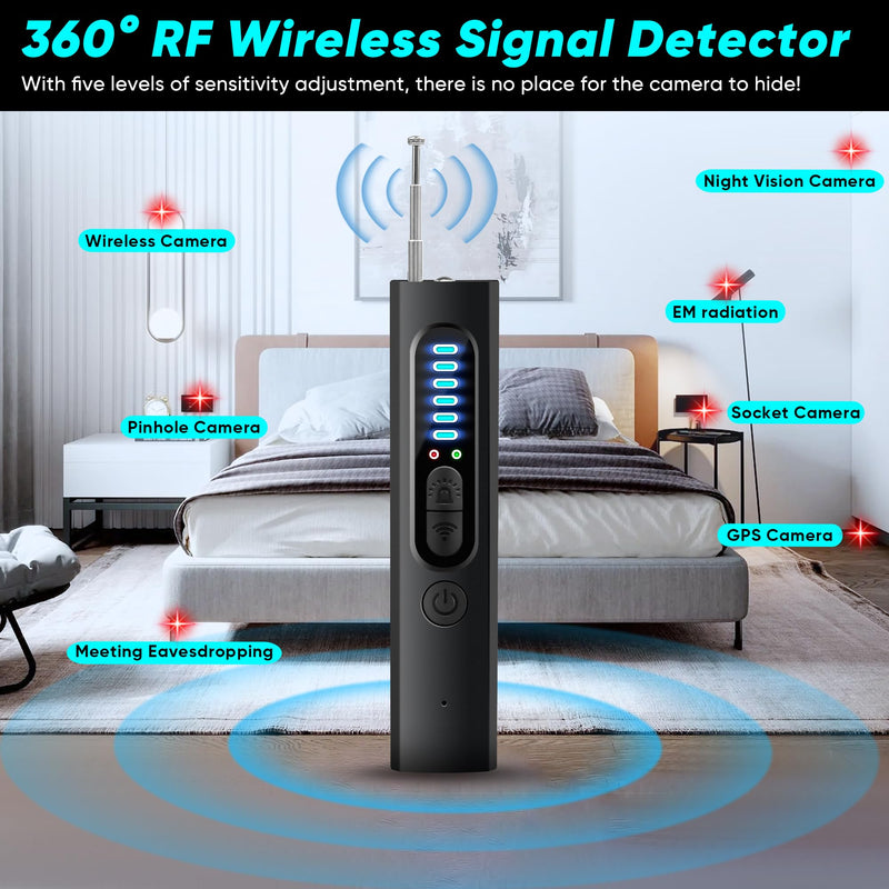 Hidden Camera Detector, 2024 Anti-Spy Camera Detector, Hidden Device GPS Detector, Bug Detector, Rf Wireless Signal Scanner, Camera Detector for Hotels, Home, Office, 5 Levels Sensitivity (Black) Black