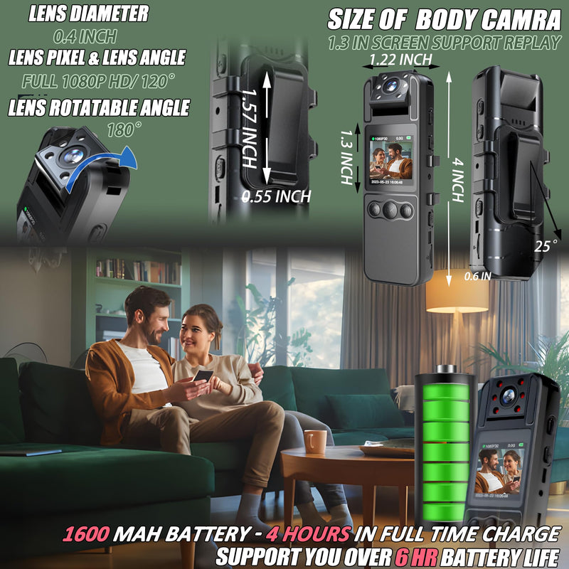 [AUSTRALIA] - Body Camera with Audio and Video Recording, HD 1080P Body Cam with 180° Rotating Lens, 6HR Battery, IR Cut Auto Night Vision, 128GB Body Worn Camcorder, for Personal Civilians, Police Law Enforcement 