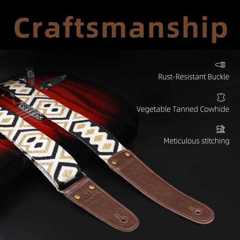 Guitar Strap, Woven Guitar Straps with Double Vegetable-Tanned Cowhide Leather Ends for Bass Guitar, Electro Acoustic Guitar, Gift for Kids and Guitarists (Black Gold) Black and gold geometric pattern Adjustable 38-63 inches