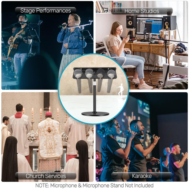 2025 Upgrade Multi Microphone Holder for Mic Stand Storage Organizer for Handheld Dynamic Wired and Wireless Mics Wall Mount or Rubber Padding to 5/8"-27 or 3/8"-16 Threaded - Up to 4 Mics Mic UP to 4 - Black