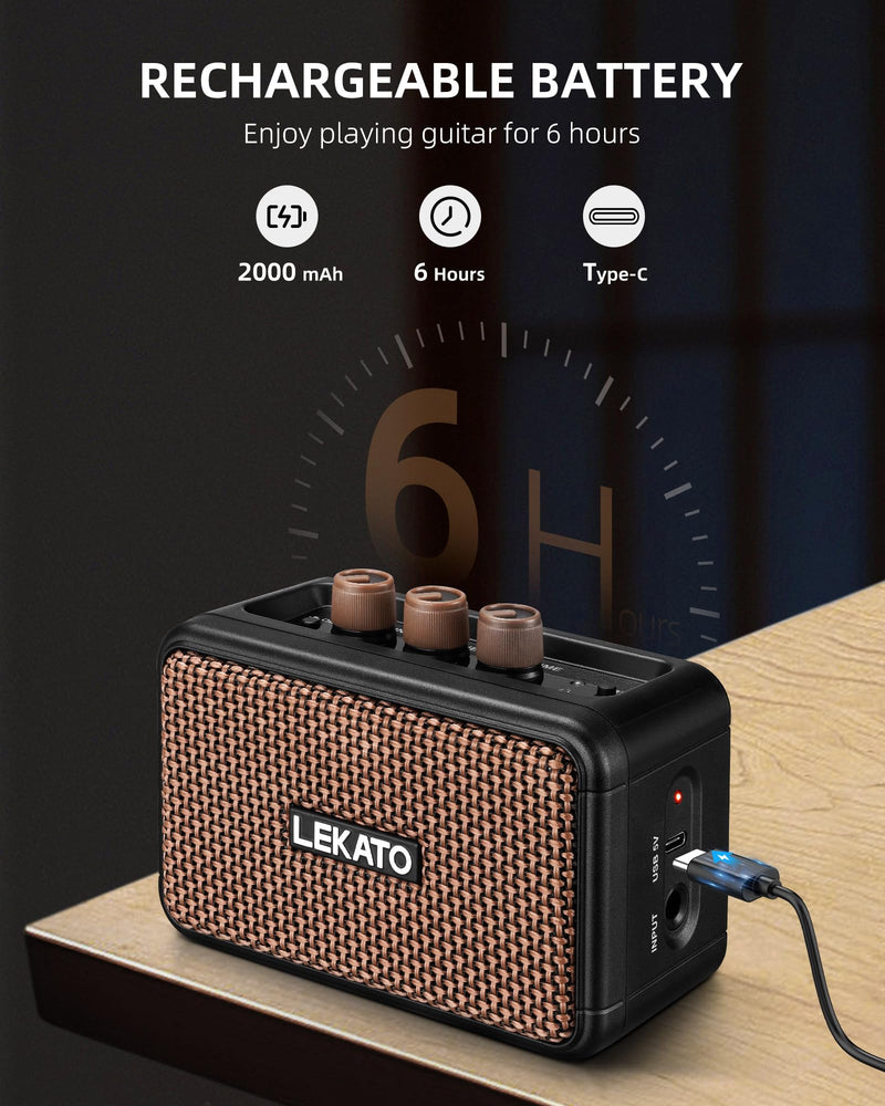 [AUSTRALIA] - LEKATO Mini Electric Guitar Amplifier, Dual Speakers 5W, Rechargeable Guitar Amp Bluetooth with Clean Overdrive Effects, Headphone Jack, Retro Portable Small Amp for Practice 