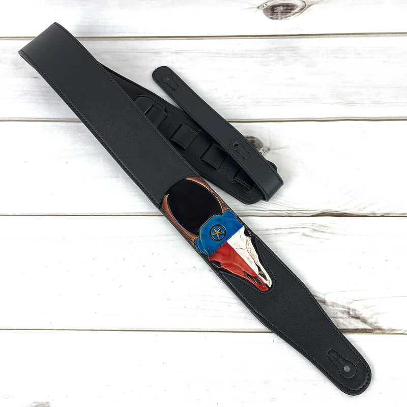 Walker & Williams CVG-19 Black Handmade Guitar Strap With Hand Tooled Red, White, And Blue Texas Star Longhorn Design On Premium Carving Leather For Acoustic, Electric, And Bass Guitars