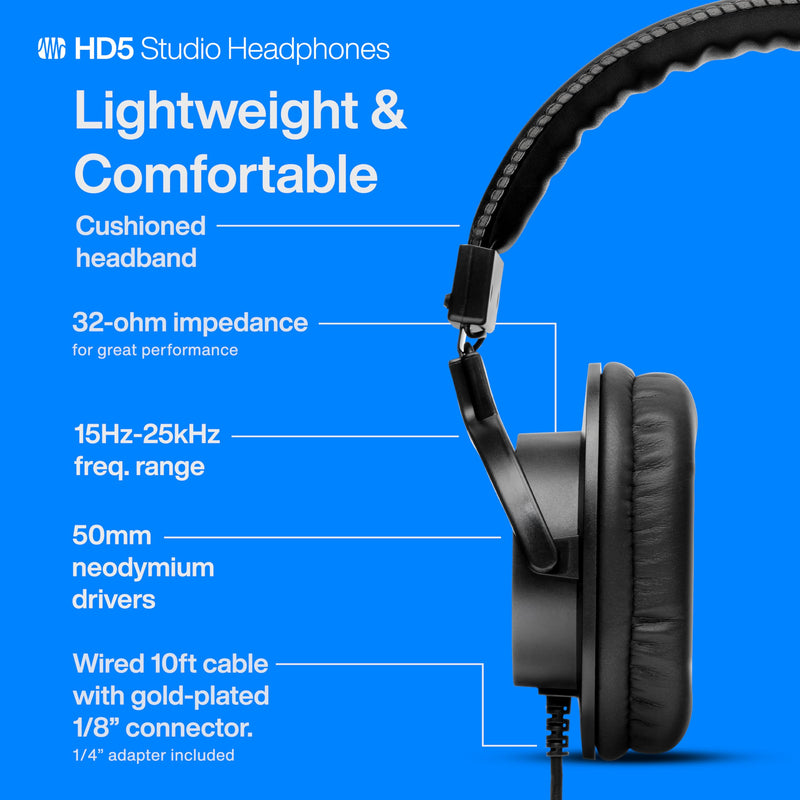 PreSonus HD5 Professional Monitoring Headphones —Wired, Closed-Back, Over-Ear Studio Recording Headphones for Professional Mixing and Monitoring Black