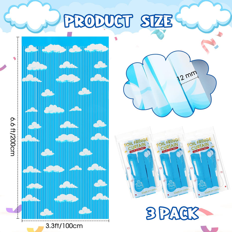 XunYee 3 Pack Blue Sky White Clouds Birthday Party Supplies, Clouds Theme Tinsel Foil Fringe Curtains Toy Party Supplies, Baby Kids Shower Cartoon Story Birthday Party Decorations