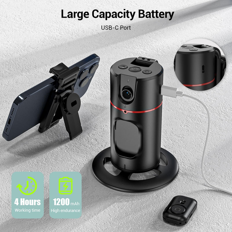 Auto Face Tracking Tripod 360° Rotating Auto Tracking Phone Holder, No App, Phone Camera Stand with Remote and Gesture Control, Smart Shooting Stand for Vlog/TIK Tok Live Video Recording Black