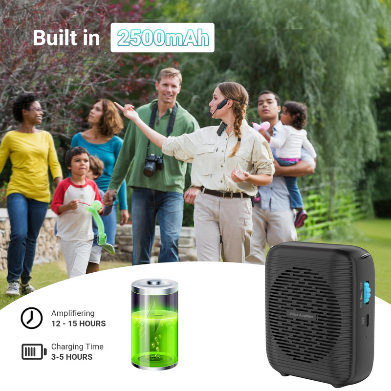 [AUSTRALIA] - AI Wireless Voice Amplifier with 2 Wireless Mics(1 Lavalier mic & 1 Microphone Headset), Bluetooth 5.3 PA System for Teachers, Tour Guide, Yoga - 15H Rechargeable Battery, Waist-Mount Design Black 