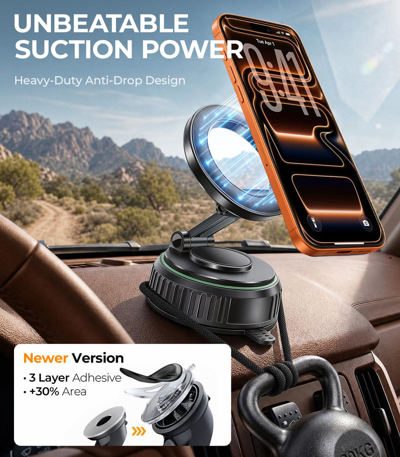 Rorhxia Car Phone Holder for Magsafe, [Enjoy Convenience, Flexibility, Stability], Foldable Vacuum Magnetic Phone Mount for Dashboard Windshield for Your Car Fit iPhone 17/16/15/14/13/12 Pro Max Dashboard/Windshield