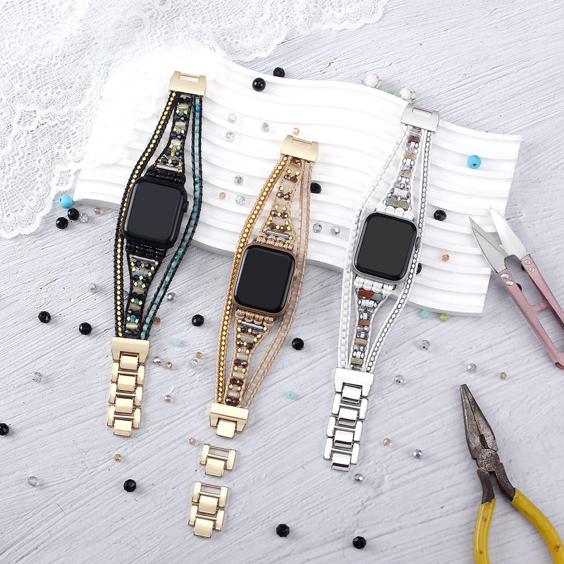 Boho Leather Band Compatible with Apple Watch Band Beaded Bracelet for Women Men 38mm/40mm/41mm, Multilayer Wrap Apple Watch Strap for Iwatch Band Series 8 7 6 5 4 3 2 1 SE Ultra