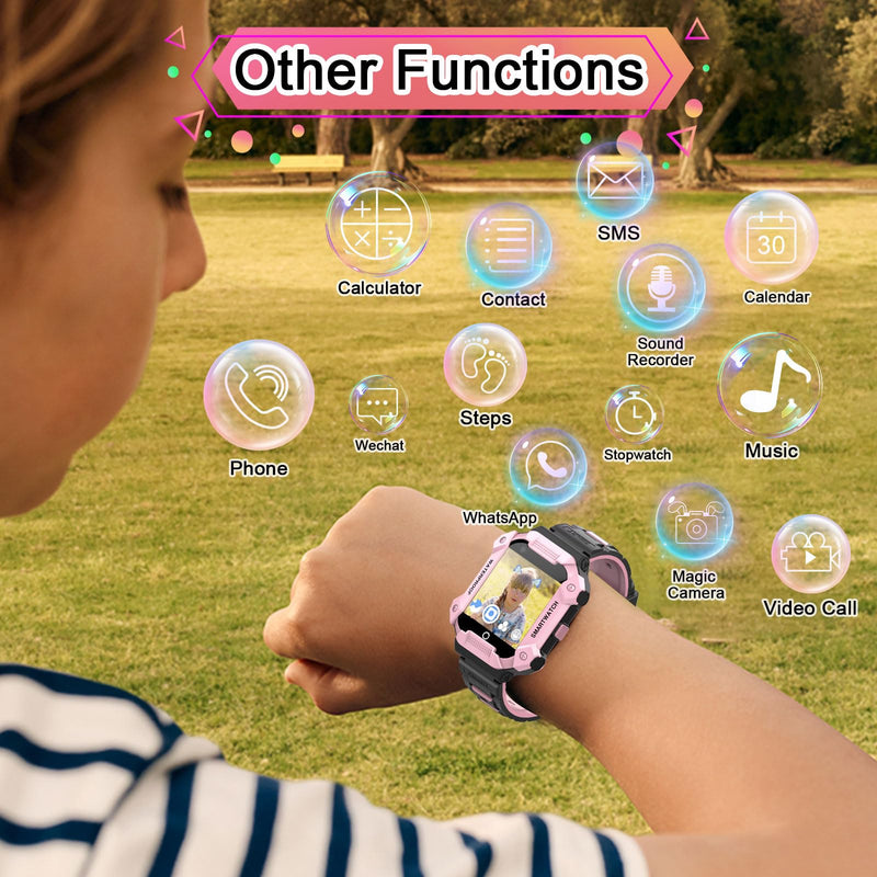 4G GPS Smart Watch for Kids with SIM Card, 1.4" Touch Screen Kids Smartwatch for Boys Girls Gift, Phone Watch with Video Calls/Voice Chat/Camera/Music/Alarm/SOS/Pedometer(T-Pink) Pink