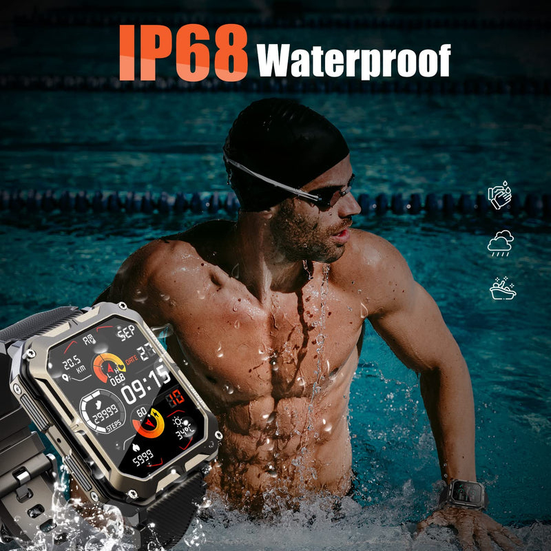 meoonley Military Rugged Smartwatch for Men,Sport Watch with Answer/Make Call IP68 1.83 inch Fitness Tracker Pedometer SpO2 for Outdoor Enthusiasts Black