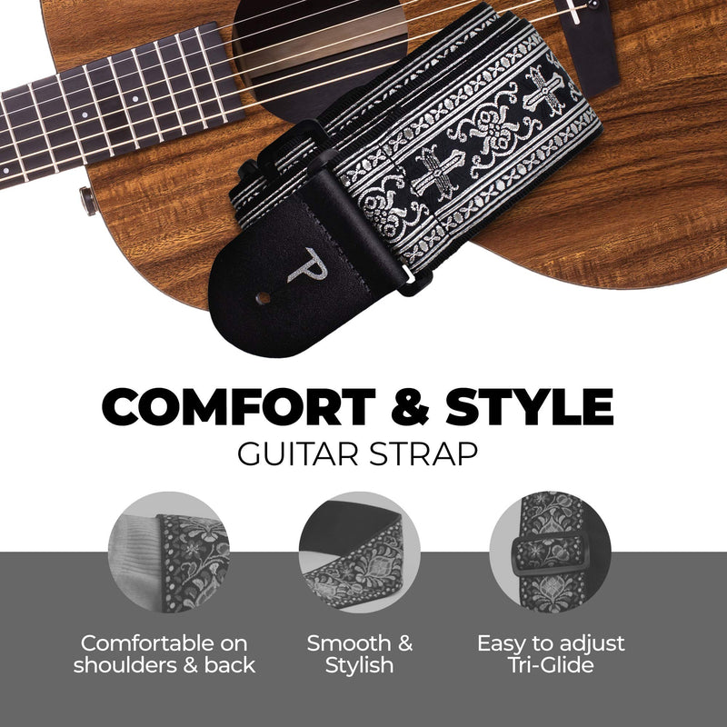 [AUSTRALIA] - Perri’s Leathers Jacquard Guitar Straps - Adjustable Length 39" to 58", Genuine Leather Ends, Silver Cross Design, Electric, Bass, Acoustic Guitar Strap - Metallic Silver 
