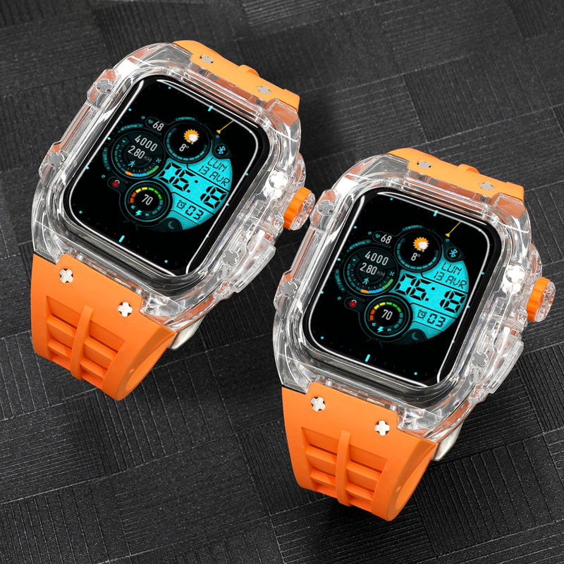 Luxury Transparent Case with Fluororubber Band for Apple Watch 45mm, Crystal Clear Full Protection for iWatch Series 9/8/7 TRN+Orange Pin