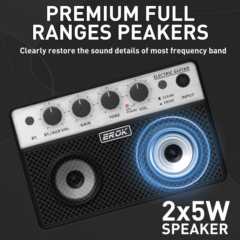 EROK Mini Electric Guitar Amp, Portable Amplifier with Clean/Drive Dual Channels, 3.5mm Headphone/AUX Input, Compact Design for Indoor Practice & Small Gigs