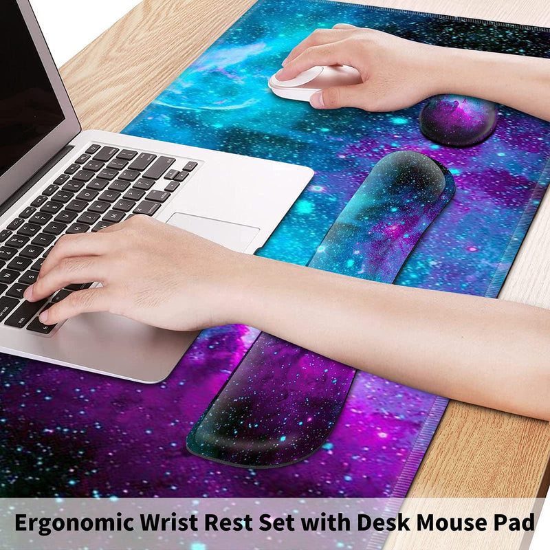 Pretty Mouse Pad and Gel Wrist Rest Set, Extended Desk Mat (31.5" x 11.8") with Memory Foam Ergonomic Keyboard Pad, Large Gaming Mouse Pad Non-Slip Easy Typing for Home Office, Milky Way Galaxy Stars XL-31.5"x11.8"x0.12"