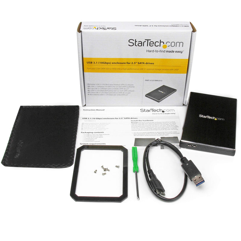 StarTech 2.5in SATA Hard Drive Enclosure, USB 3.1 Gen 2, Case (S251BMU313) | External portable enclosure, USB 3.1 Gen 2 10Gbps, HDD and SSD, Brushed aluminum, USB-A cable, Spacer USB 3.1 (10Gbps)
