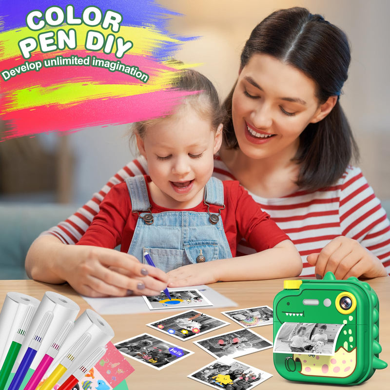 Kids Camera Instant Print,2.4 Inch Screen 12MP / 1080P HD Video Camera,3-12 Boys Girls Christmas Birthday Dinosaur Toys Gifts,Kids Instant Digital Camera Green