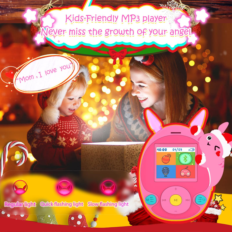 64GB MP3 Player for Kids, Kids MP3 Player with Bluetooth,Speaker, Games, Recorder, Ear Lights,Soothing Sounds, Alarm Clock, Stopwatch and 100hrs Loseless Music Playback(Support up to 128GB) pink