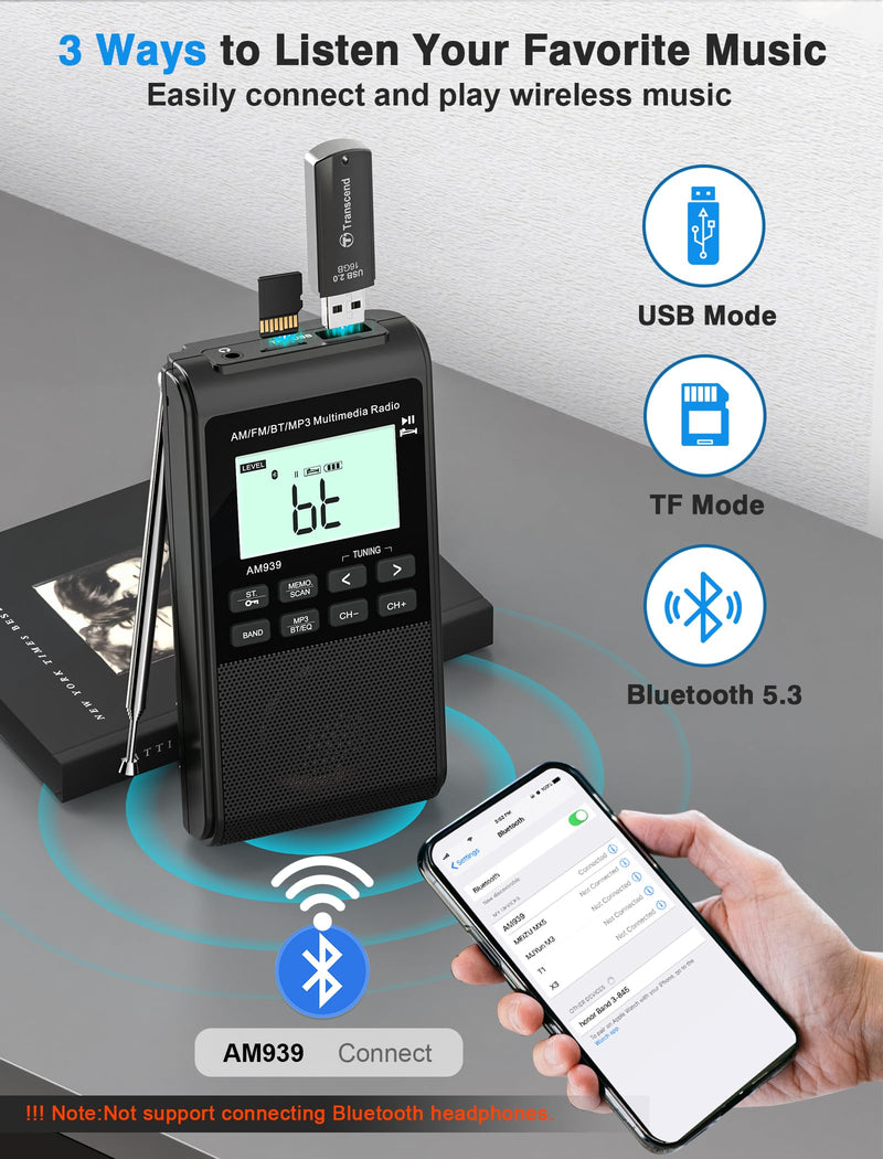 [AUSTRALIA] - Pocket Radio with AM FM-1200mAh Rechargeable Radio-Portable Transistor Radio with Best Reception, Bluetooth Receiver,5W Big Speaker,LCD Screen,Earphone Jack,Support SD Card and USB Player for Jogging Black 