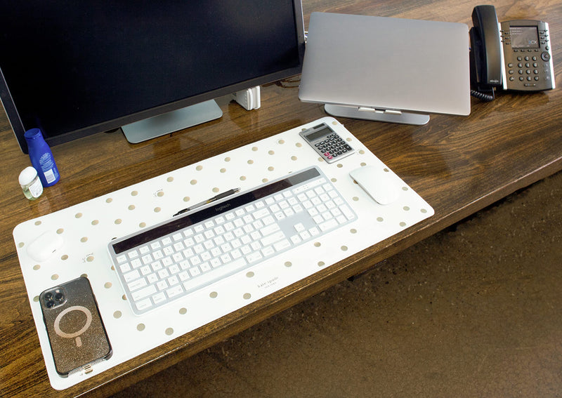 Kate Spade New York Decorative Desk Pad, Vegan Leather Keyboard and Mouse Pad for Desktop, Gold Dot with Script