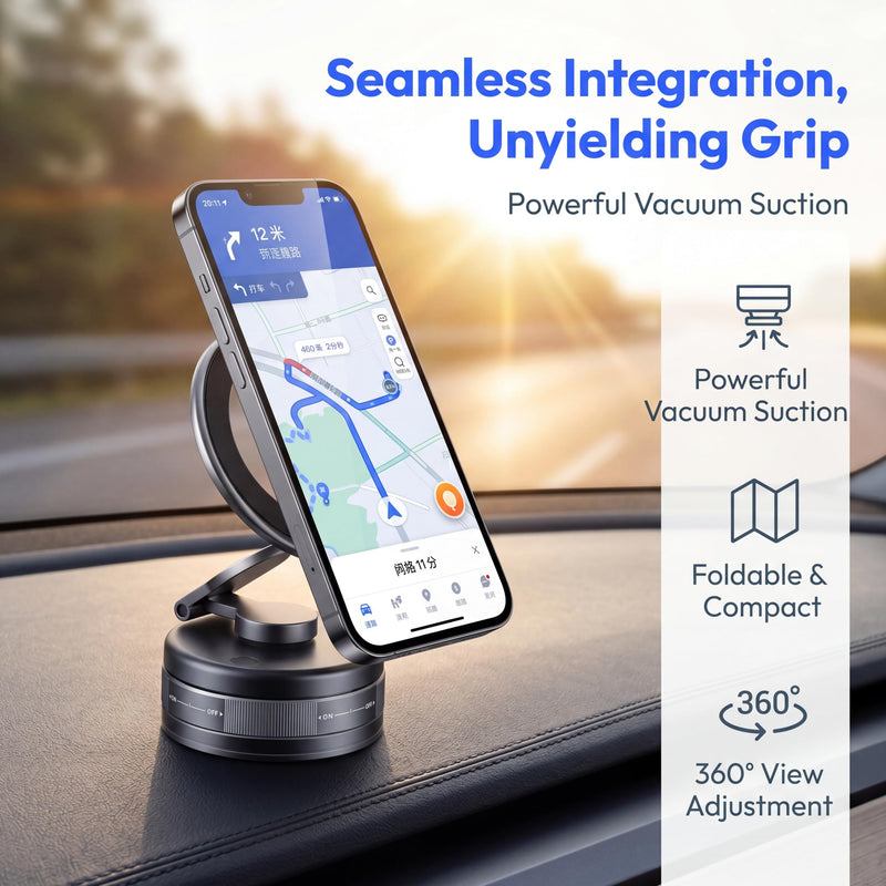 Magnetic Car Phone Holder, 25kg Vacuum Suction Foldable Alloy Dash Mount | 25kg magnetic car phone holder with vacuum suction, foldable alloy stand, multi-angle dash mount for trucks.