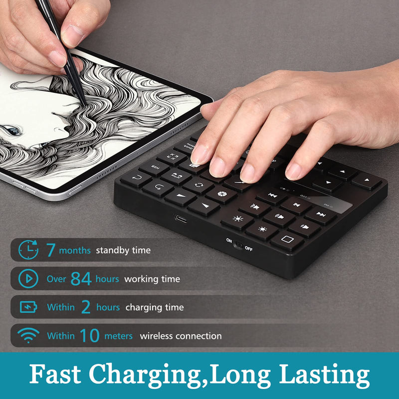 Keyboard for, Rechargeable Drawing Keyboard with 35 Shortcut Keys, One Handed Buetooth Keypad for Drawing Shortcuts, Graphic Tablets, Drawing Tablet, Laptop
