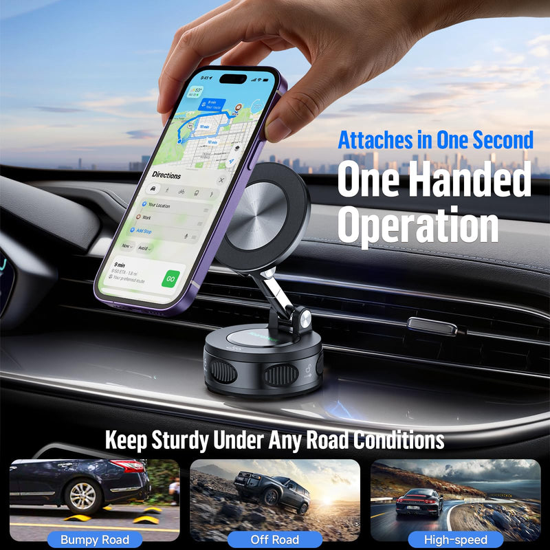Magnetic Phone Holder for Car Dashboard Windshield Mount Strong Suction Cup | Car Mount for iPhone & Android, 20 N52 Ultra Strong Magnets, 360° Adjustable Foldable Heavy Duty Hands-Free Hot-Resistant