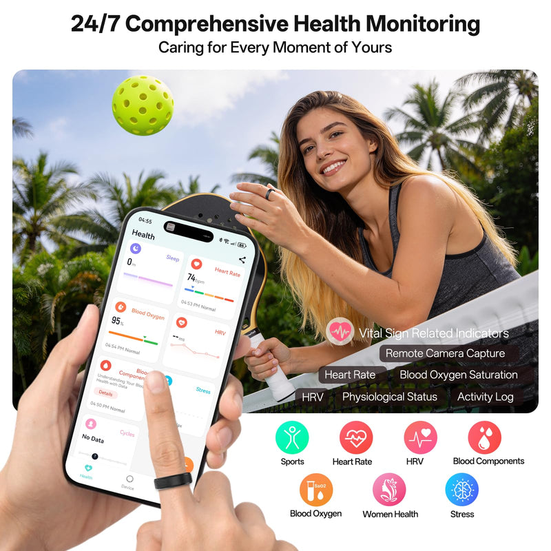 Smart Ring for Women & Men, Health Fitness Tracker Ring | Sleep Monitor/Heart Rate/Blood Oxygen/HRV/Stress/Calorie/Steps, IP68 Waterproof for iOS & Android, Free App (Black, 10#) Black 10#