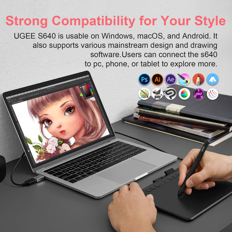 Computer Graphics Tablets, UGEE S640 Portable Drawing Tablet with 10 Shortcut Keys, 6.5x4 inch Digital Pen Tablets with Battery-Free Stylus Tilt Function 8192 Pressure for Windows/Mac/Chrome OS S640-New