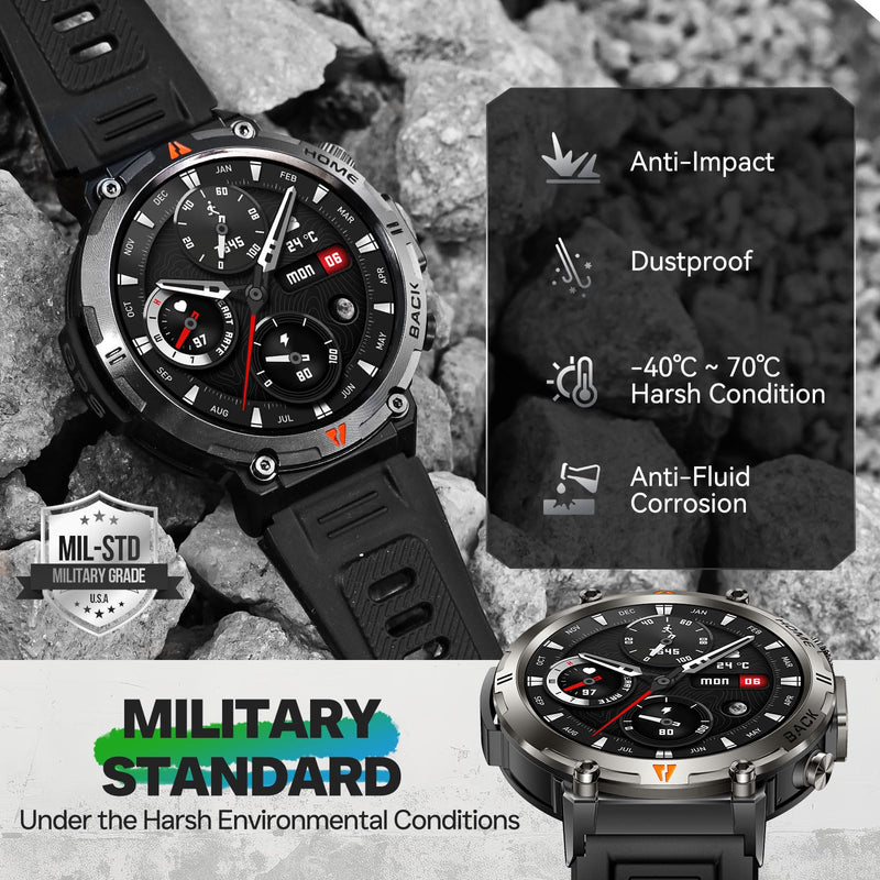 Military Smart Watch for Men, GPS Watch with Flashlight 3ATM Waterproof | Rugged Tactical Smartwatch with Bluetooth Calling Compass 1.45'' HD Sports Watch Fitness Watch Compatible with iPhone Samsung BK