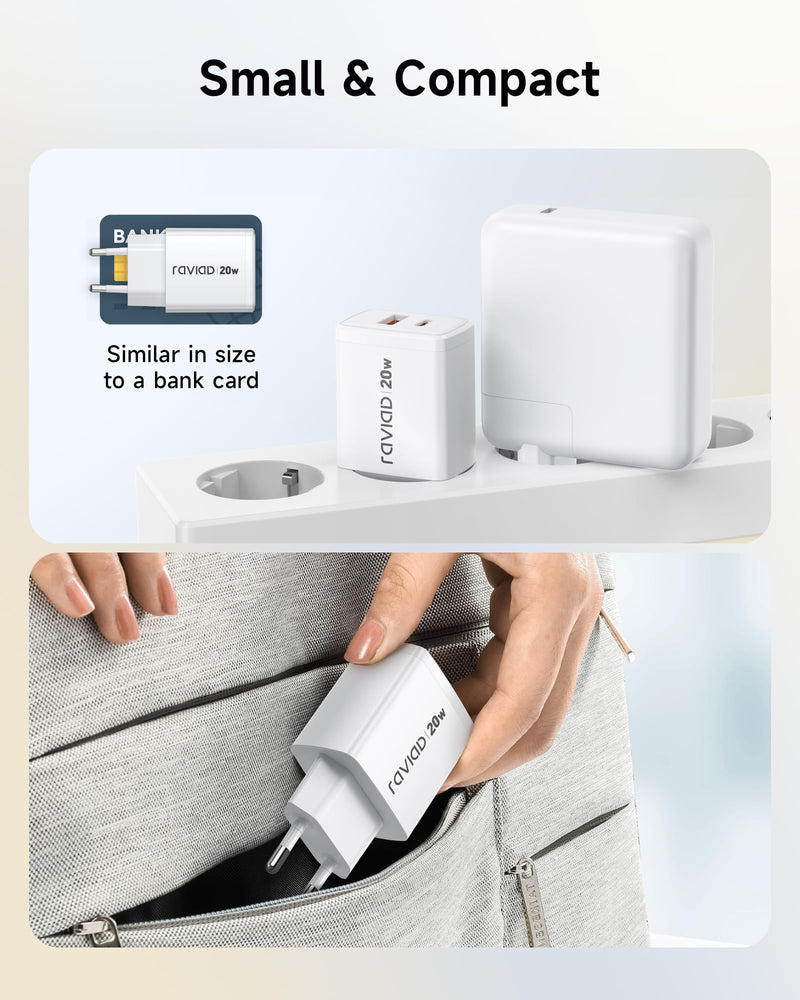 RAVIAD 20 W USB C Charger Pack of 2, [USBC + USBA] Fast Charger with USB C Cable 2 m, Mobile Phone Power Supply Type C with 2 Ports, Compatible with iPhone 16 15 Pro Max, Samsung Galaxy S25 S24 S23 2 pack