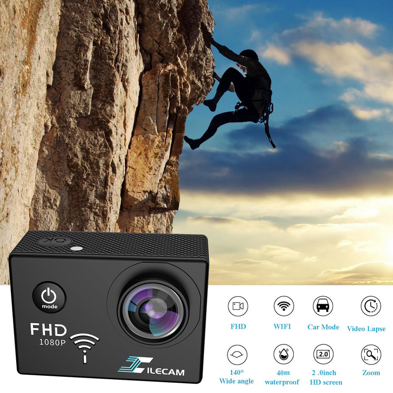 Action Camera 1080P WiFi Sports Camera 4xZoom Action Camera 40m/131ft Underwater Waterproof with 2 X1050 mAh Batteries and Multi-Function Accessory (X2PLUS) X2PLUS