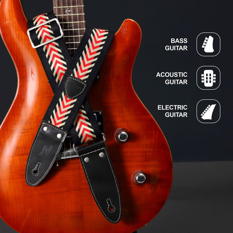 Nefelibata Guitar Strap, 2" Jacquard Embroidered Cotton Guitar Strap with Double-Length Leather Ends with Guitar Pick Pocket for Bass, Electric and Acoustic Guitars(Vintage Arrowhead Red) Vintage Arrowhead Red