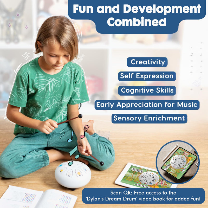 Steel Tongue Drum With Songbook And Bedtime Story - Kids Musical Instruments - Musical toys for toddlers, Dylan's Dream Drum 3 In 1 Handpan drum, 6 Inch 8 notes, Diatonic White Dylan's Dream Drum