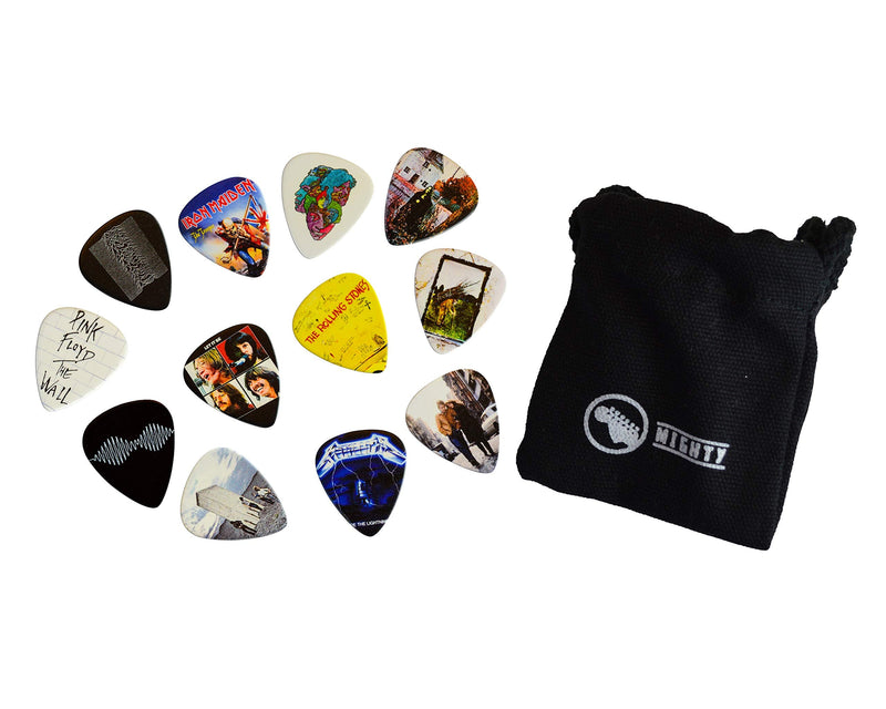 12 x Classic Albums Guitar Picks Set Guitar Plectrums For Every Guitarist Both Sided Print Pick In Pick Tin Sized 0.46, 0.71, 0.81, 0.88, 0.96, 1.2 mm Electric Guitar, Acoustic Guitar And Bass (Set 2)