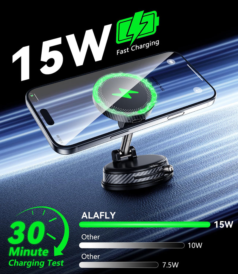 15W Fast Charging Car Phone Holder, [Strong Magnetic & Upgraded Vacuum Suction Cup] 360° Rotation Auto Phone Holder, Car Mount Wireless Charger for Magsafe iPhone 17-12 Series