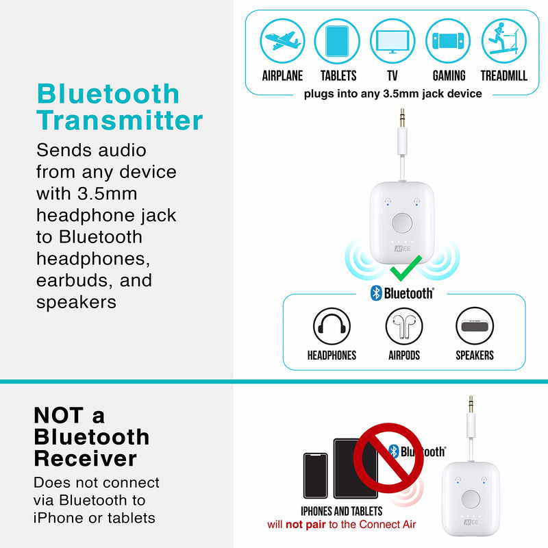 MEE audio Connect Air in-Flight Bluetooth Wireless Audio Transmitter Adapter for up to 2 AirPods / Other Headphones; Works with All 3.5mm Aux Jacks on Airplanes, Gym Equipment, TVs, & Gaming Consoles In-Flight Transmitter