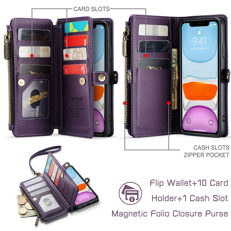 Defencase for iPhone 11 Case, RFID Blocking for iPhone 11 Wallet Case for Women and Men with Card Holder, Zipper Pocket Magnetic Flip PU Leather Protective Cover for iPhone 11 Phone Case 6.1, Purple Elegant Purple