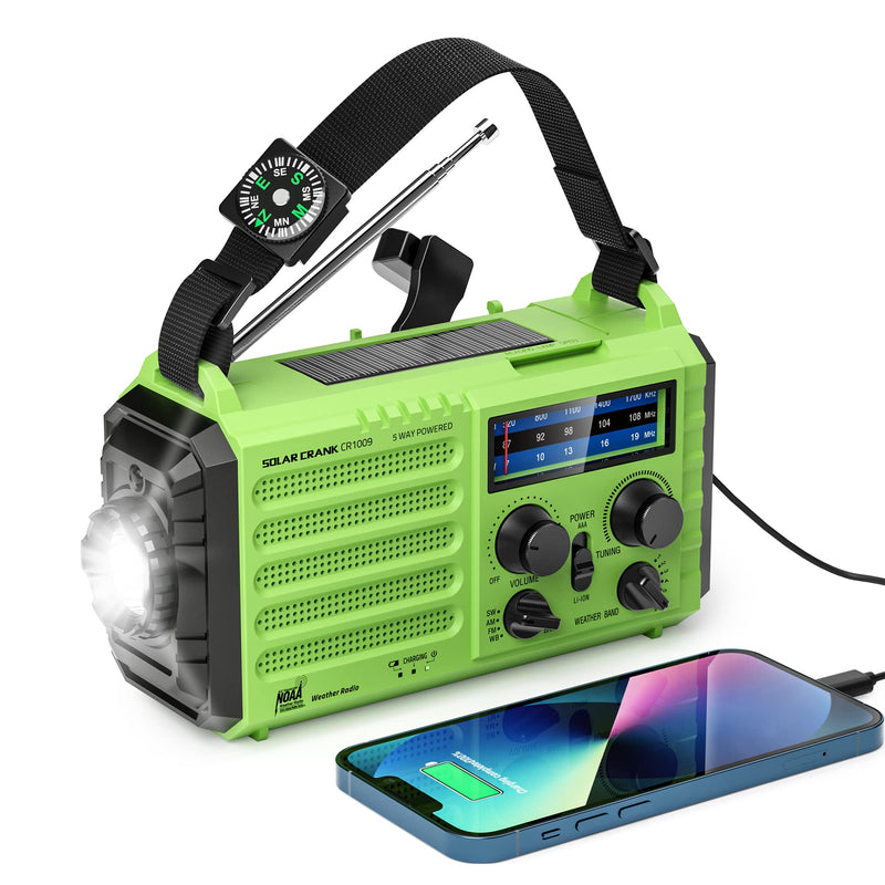 [AUSTRALIA] - Emergency Weather Radio – 18500mWh Portable AM/FM/SW/NOAA Radio with Solar Hand Crank, Rechargeable Battery, USB Charger, LED Flashlight, Reading Light, and SOS Alarm, for Home Outdoor (Green) Green 