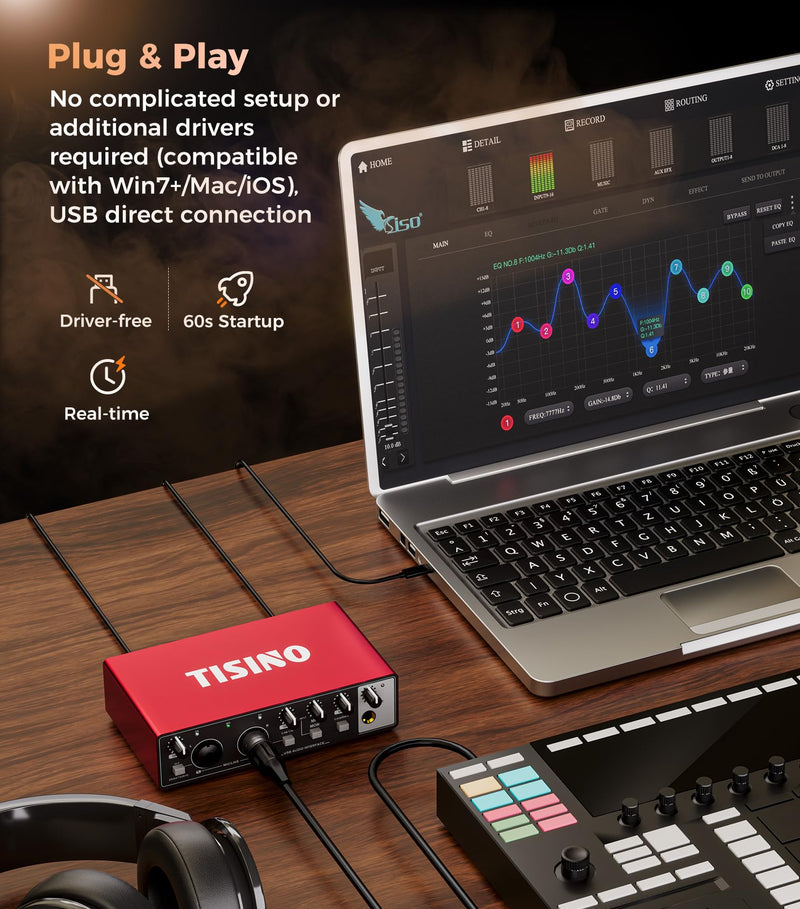 TISINO Audio Interface 2i2-24Bit/192kHz, USB Audio Interface for Recording, Songwriting, Streaming and Podcasting, Plug & Play Studio Interface with 48V Phantom Power, PC/Mac/iOS Compatible,RED Classic Red