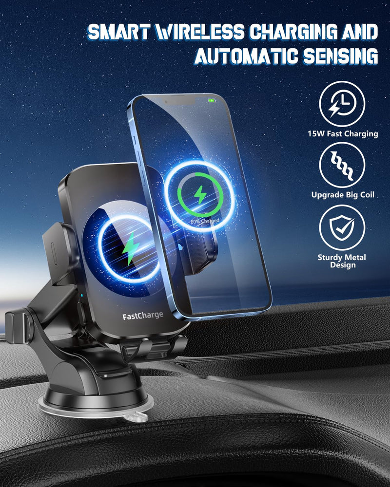 Wireless Car Charger, Fast Charging Phone Holder 3 in 1 Phone Mount Auto Clamping Car Accessories Compatible with iPhone 16 15 14 13 12 11 Xs XR, Samsung S23 Ultra S22 S21 S20/S10+ S9(Midnight Black) Midnight Black